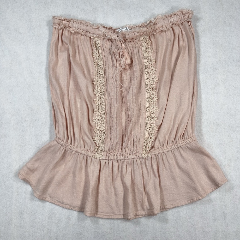 VENUS Womens L Blush Pink Strapless Peplum Top Crochet Lace Tassel Boho